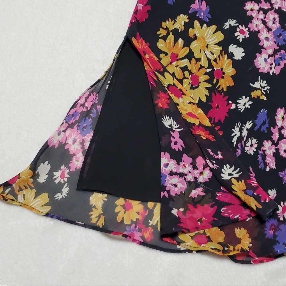 90s-Y2K Vintage Retro Express Silk Chiffon Black Multi-color Floral Midi Skirt S - Picture 11 of 13